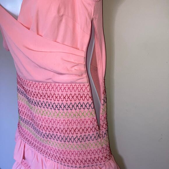 Lovers + Friends Archie Mini Dress Pink Lemonade Smocked Skirt Ruffles Side Zip - Picture 7 of 16
